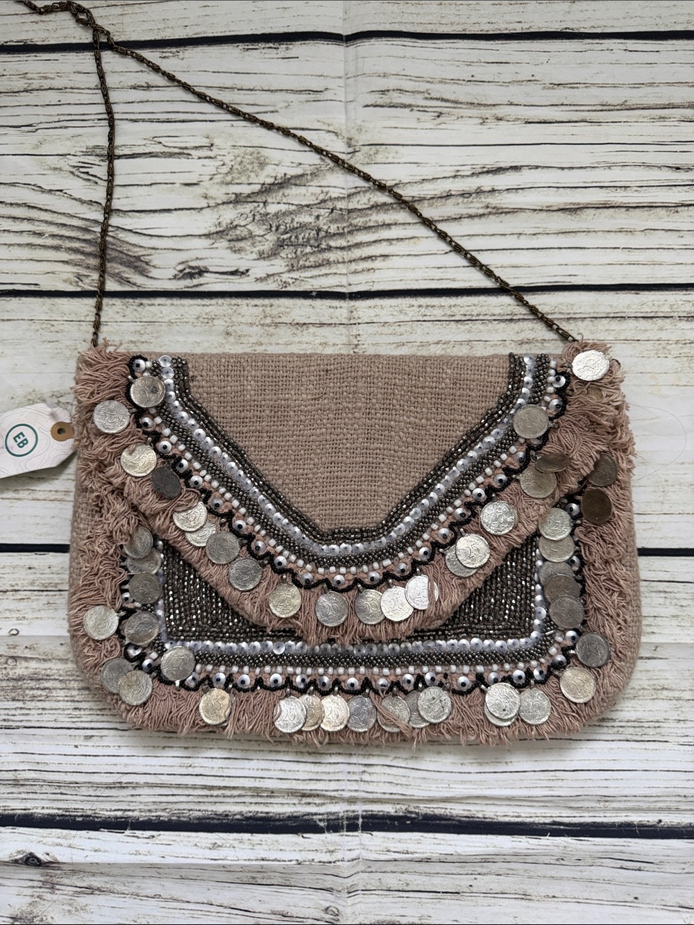 ♡ Earthbound Boho Fringe Woven Coin Clutch Purse in Taupe OS